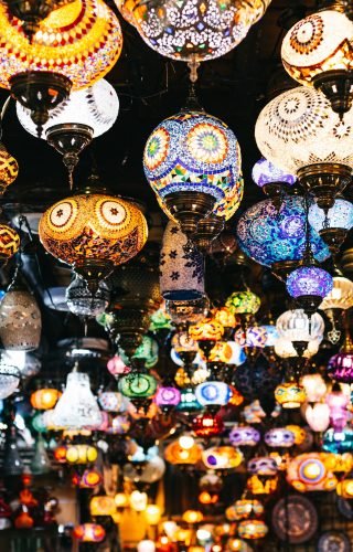 Moroccan or Turkish mosaic lamps and lanterns background; selective focus